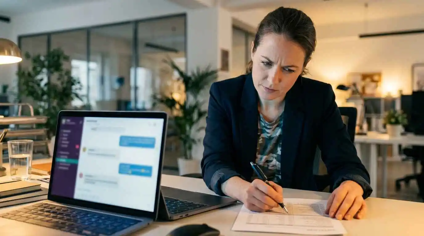 Professional using an AI assistant on a laptop while fact-checking against printed documents for a research dossier