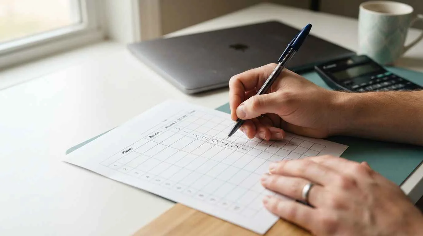 Blog owner filling in a printed EEAT self-audit scorecard with a pen to score author and trust signals