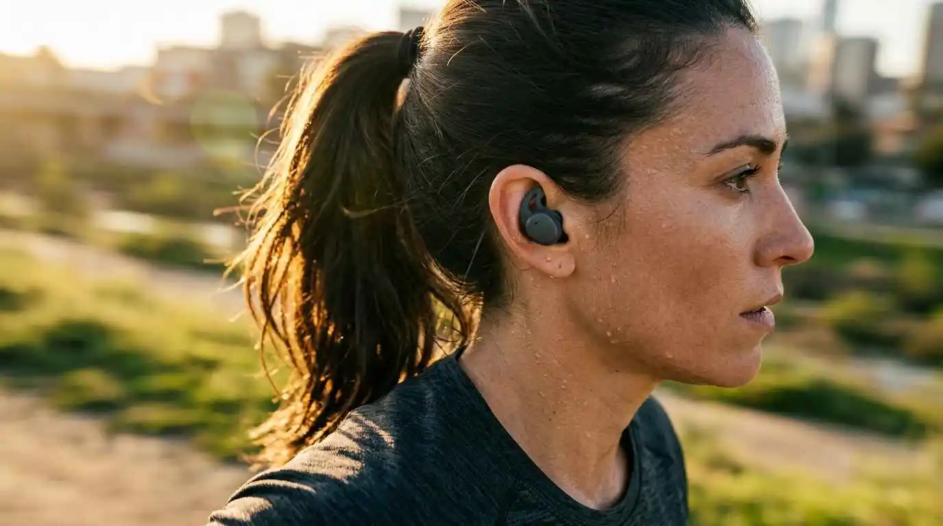 Runner wearing secure-fit sweatproof wireless earbuds with wing tips during an outdoor workout, best earbuds for workouts