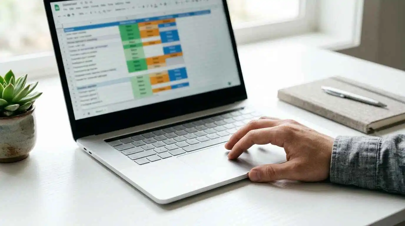 Laptop displaying a structured spreadsheet template for a free research dossier with rows for sources and findings