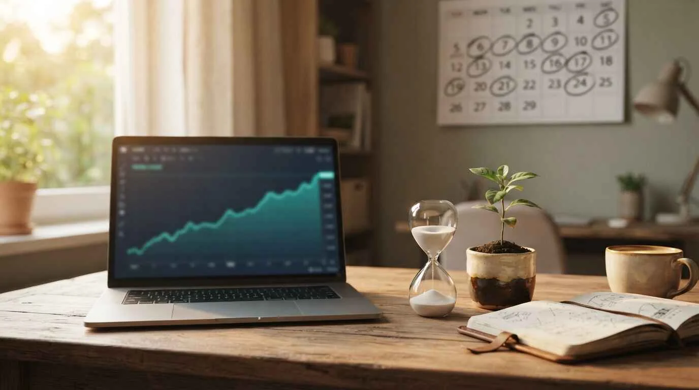 Wall calendar and laptop with a rising traffic graph showing how long EEAT improvements take to work
