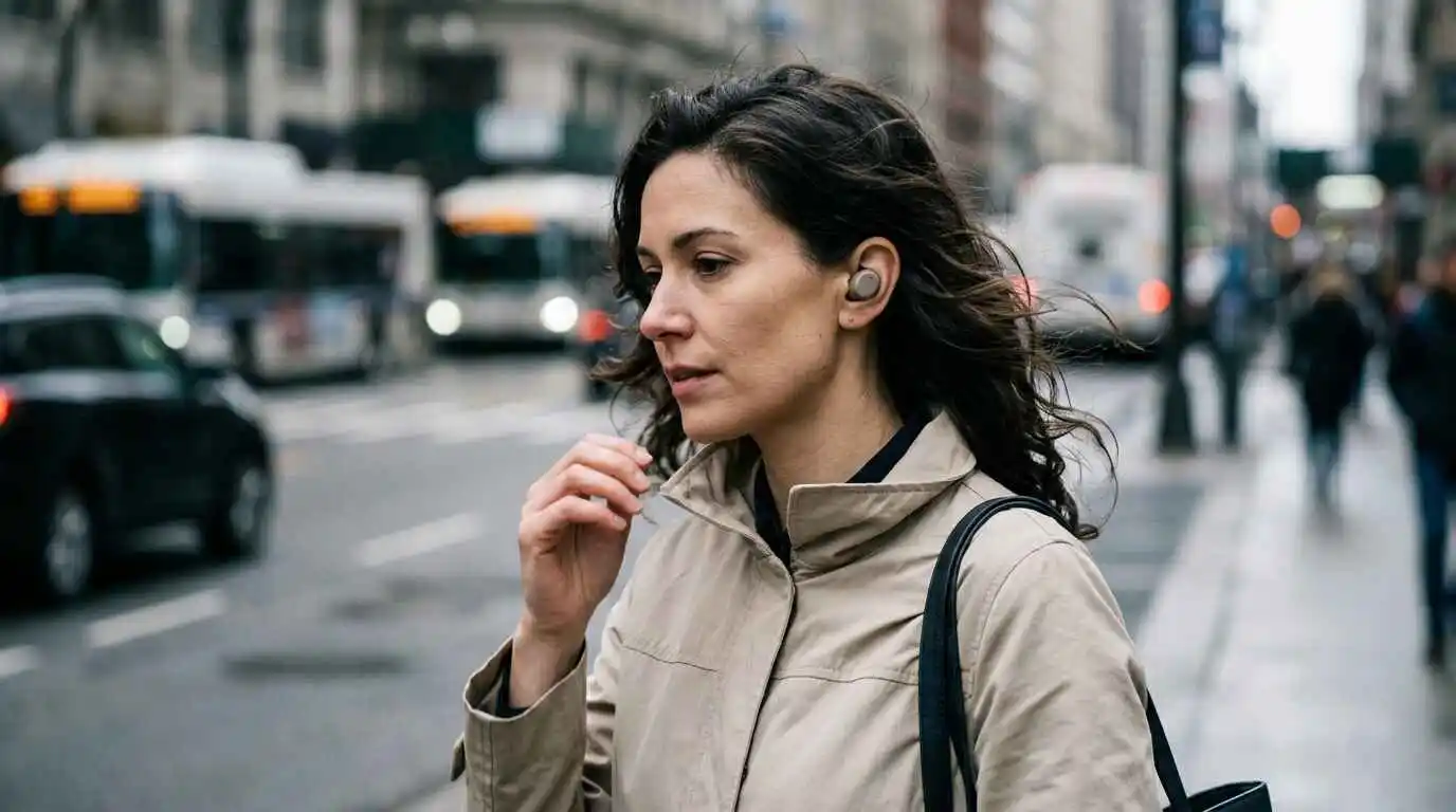 Man taking a phone call outdoors on a windy street with wireless earbuds, testing microphone call quality and wind noise