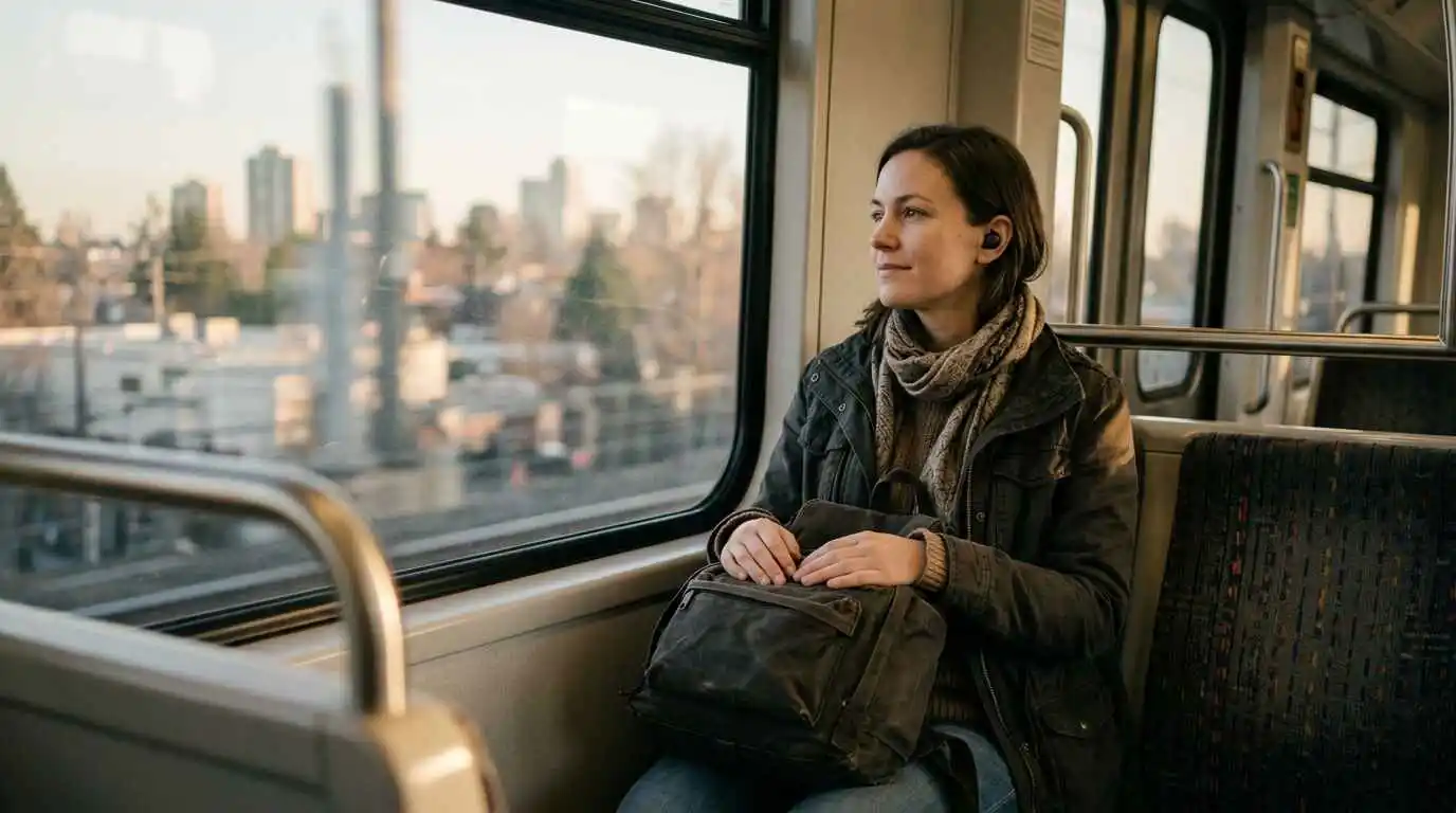 Happy commuter listening to wireless earbuds on a train, showing that earbuds under $200 are worth it for daily use