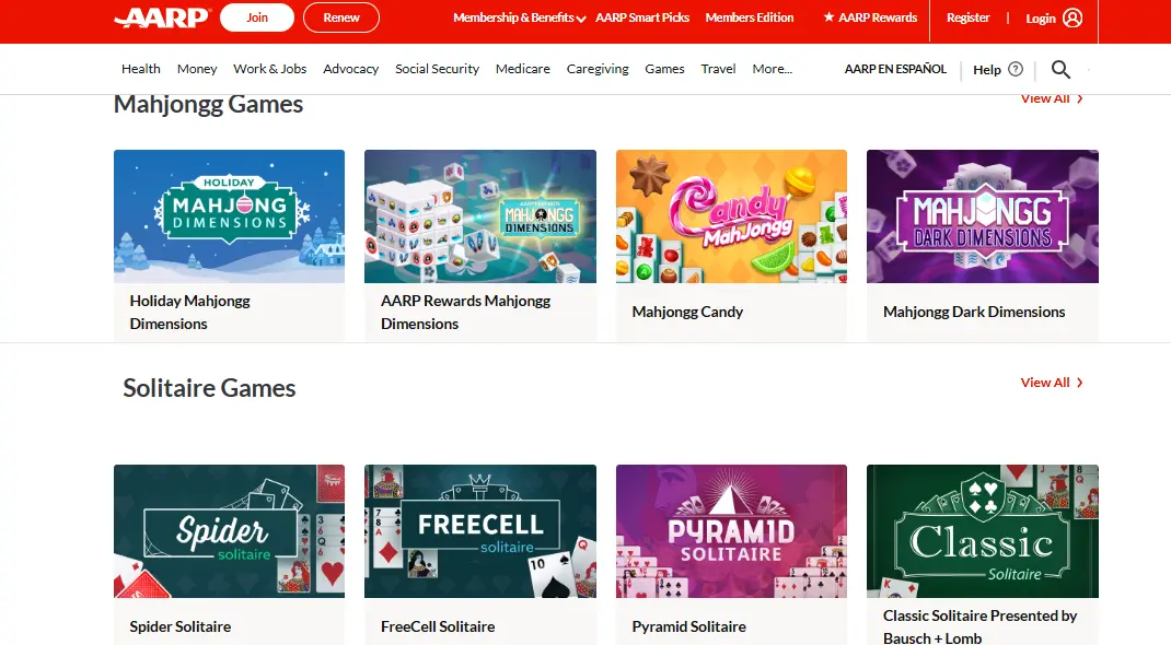 AARP Games Center Solitaire section showing Spider, FreeCell, Pyramid, and Classic Solitaire