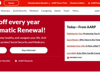Screenshot of the official AARP homepage showing membership details, automatic renewal offers, and main navigation categories including Games.