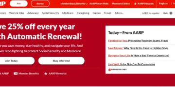 Screenshot of the official AARP homepage showing membership details, automatic renewal offers, and main navigation categories including Games.