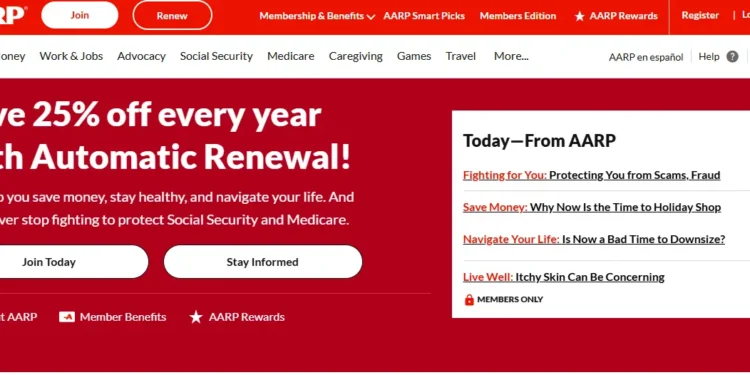 Screenshot of the official AARP homepage showing membership details, automatic renewal offers, and main navigation categories including Games.