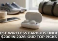 Premium wireless earbuds in open charging case beside a smartphone, best wireless earbuds under $200 in 2026