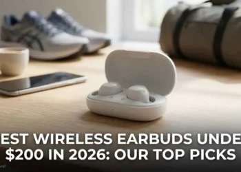Premium wireless earbuds in open charging case beside a smartphone, best wireless earbuds under $200 in 2026