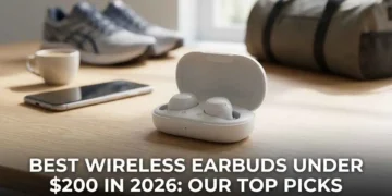 Premium wireless earbuds in open charging case beside a smartphone, best wireless earbuds under $200 in 2026
