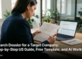 “Analyst reviewing company research dossier with evidence log and SEC filings on laptop”