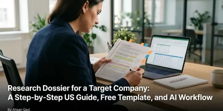 “Analyst reviewing company research dossier with evidence log and SEC filings on laptop”