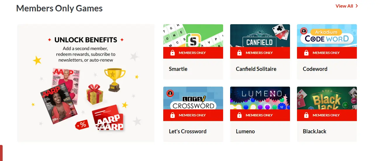 AARP Members Only games lineup featuring titles like Smartle, Canfield Solitaire, Codeword, and Blackjack with red membership lock badges.